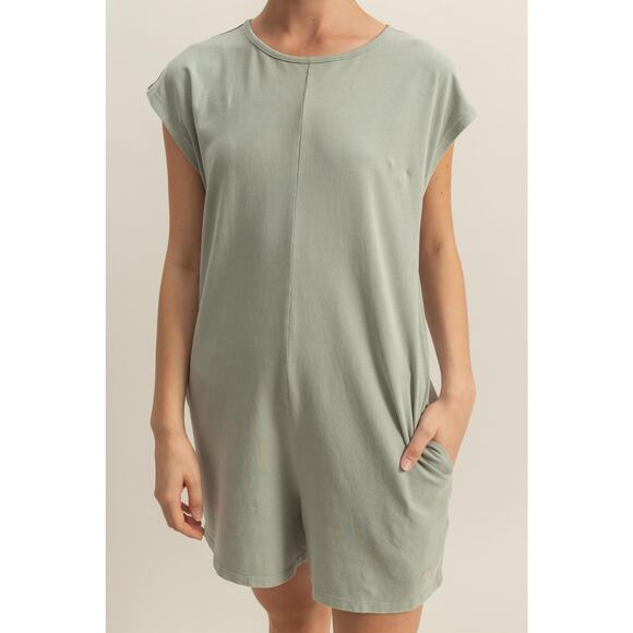 HYFVE Round Neck Cap Sleeves Side Pockets Relaxed Fit Breezy Romper | Sage Green - Picture 6 of 6